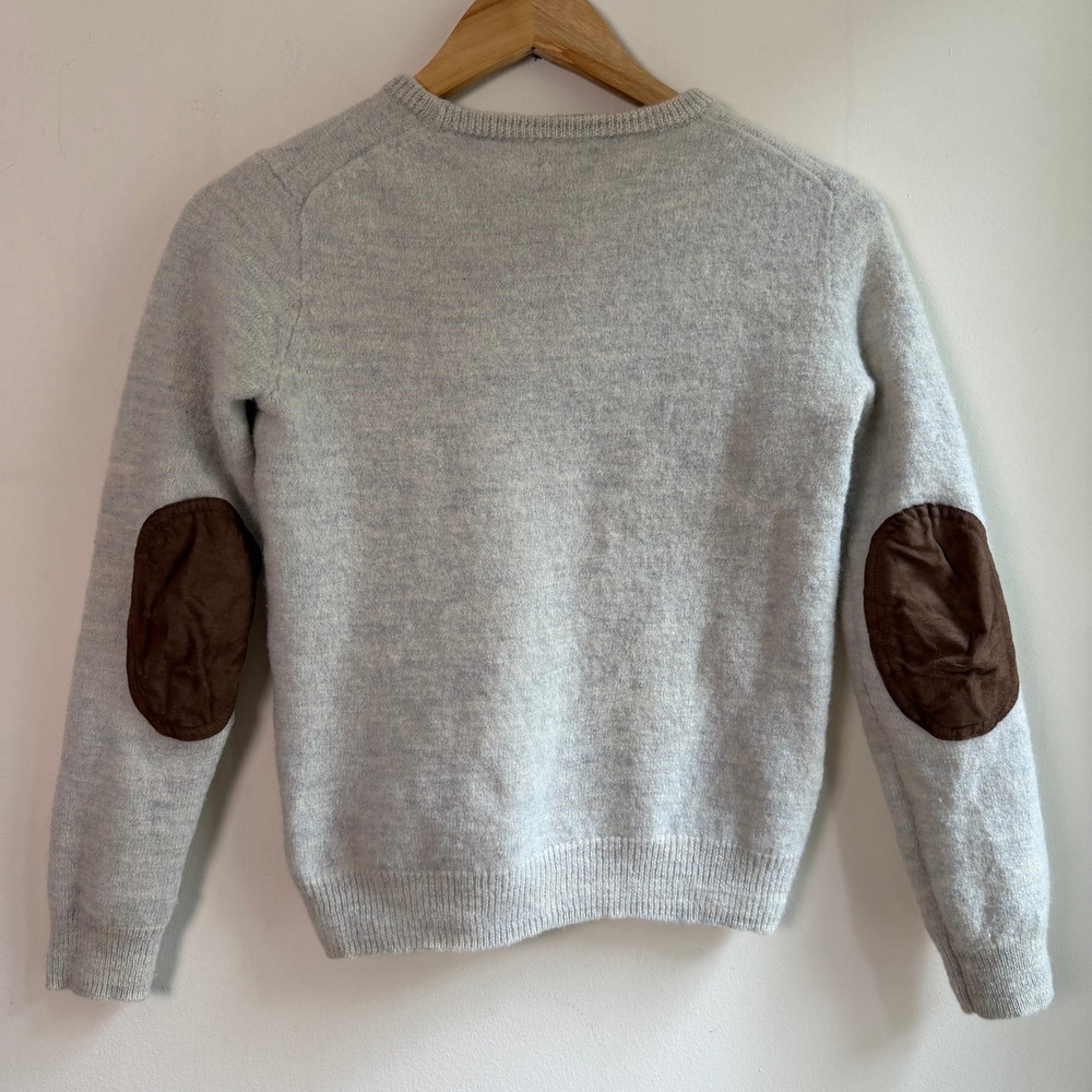 J. Crew Light Gray Crewneck Sweater with Brown Elbow Patches